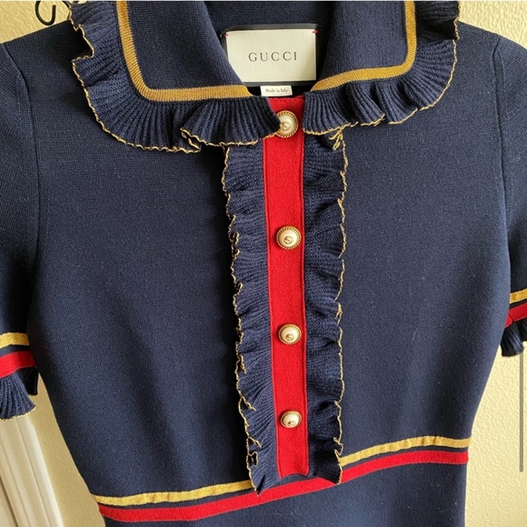 NEW! Gucci Faux Pearl Embellished Ruffled Wool Blend Mini Dress in Navy (size M) - Picture 3 of 16